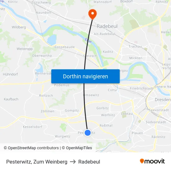 Pesterwitz, Zum Weinberg to Radebeul map