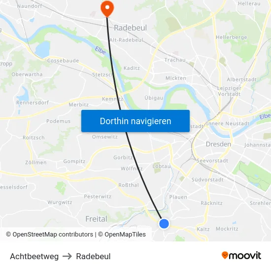 Achtbeetweg to Radebeul map