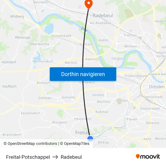 Freital-Potschappel to Radebeul map