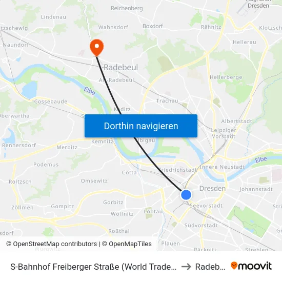 S-Bahnhof Freiberger Straße (World Trade Center) to Radebeul map