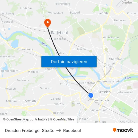 Dresden Freiberger Straße to Radebeul map