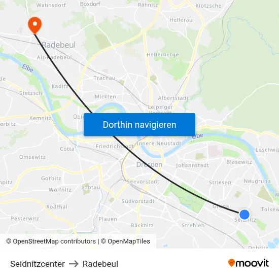 Seidnitzcenter to Radebeul map