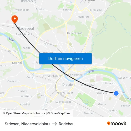 Striesen, Niederwaldplatz to Radebeul map