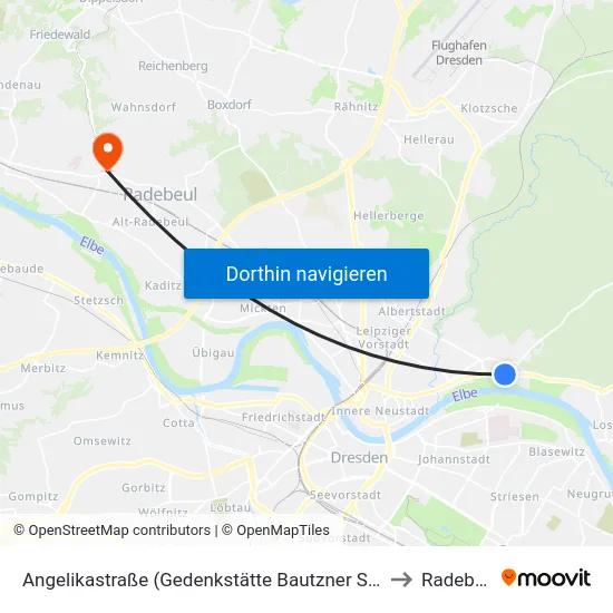 Angelikastraße (Gedenkstätte Bautzner Straße) to Radebeul map