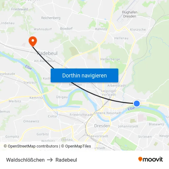 Waldschlößchen to Radebeul map
