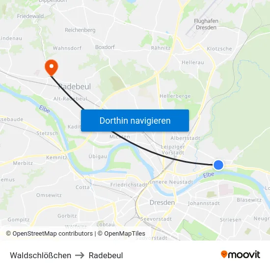 Waldschlößchen to Radebeul map