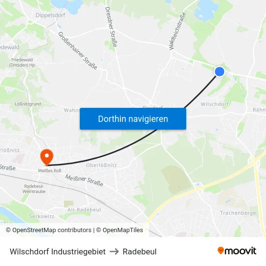 Wilschdorf Industriegebiet to Radebeul map