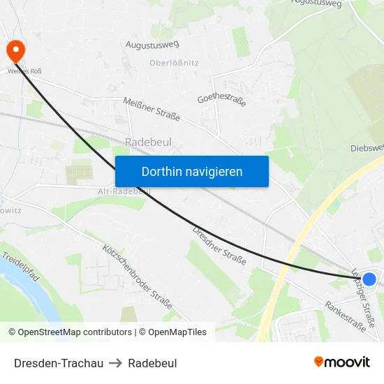 Dresden-Trachau to Radebeul map