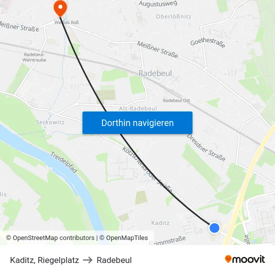 Kaditz, Riegelplatz to Radebeul map