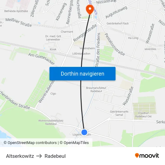 Altserkowitz to Radebeul map