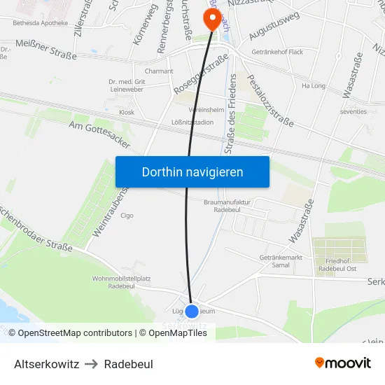 Altserkowitz to Radebeul map