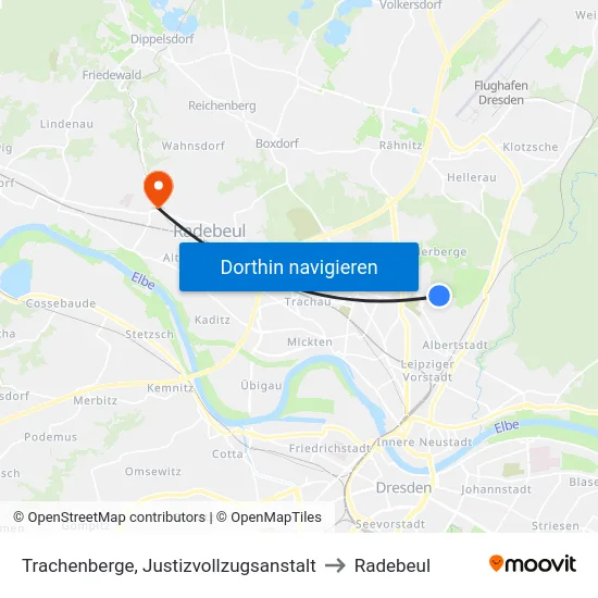 Trachenberge, Justizvollzugsanstalt to Radebeul map