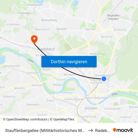 Stauffenbergallee (Millitärhistorisches Museum) to Radebeul map