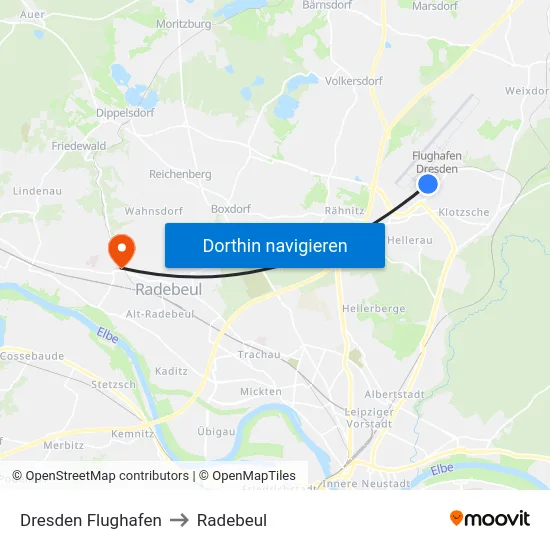 Dresden Flughafen to Radebeul map