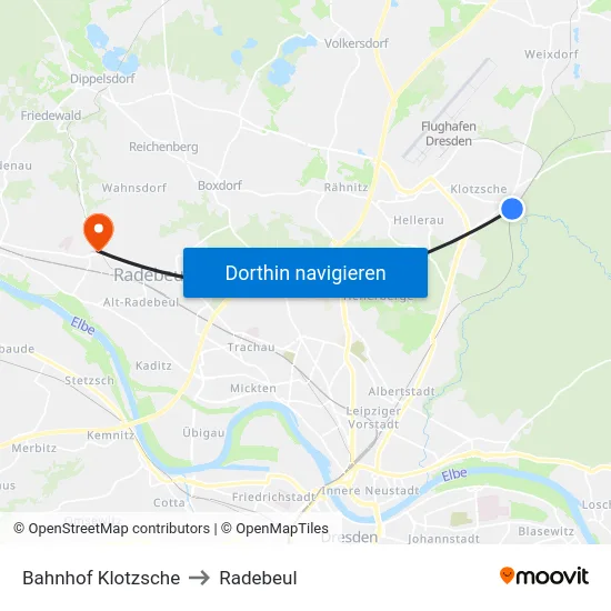 Bahnhof Klotzsche to Radebeul map