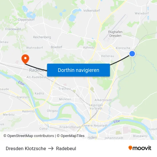 Dresden Klotzsche to Radebeul map