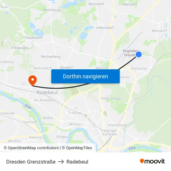 Dresden Grenzstraße to Radebeul map