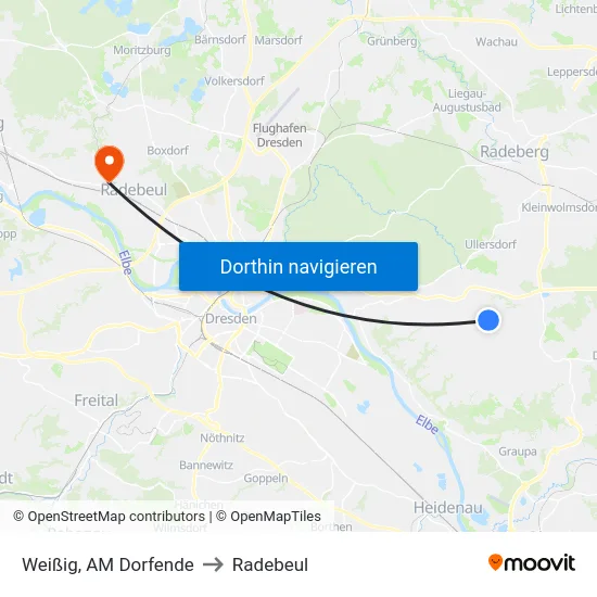 Weißig, AM Dorfende to Radebeul map