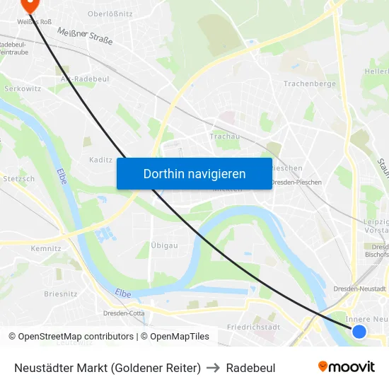 Neustädter Markt (Goldener Reiter) to Radebeul map