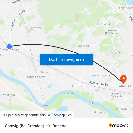 Coswig (Bei Dresden) to Radebeul map