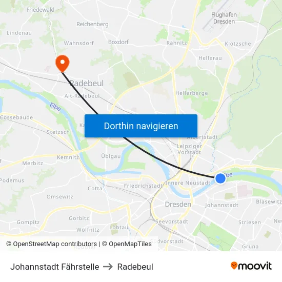 Johannstadt Fährstelle to Radebeul map