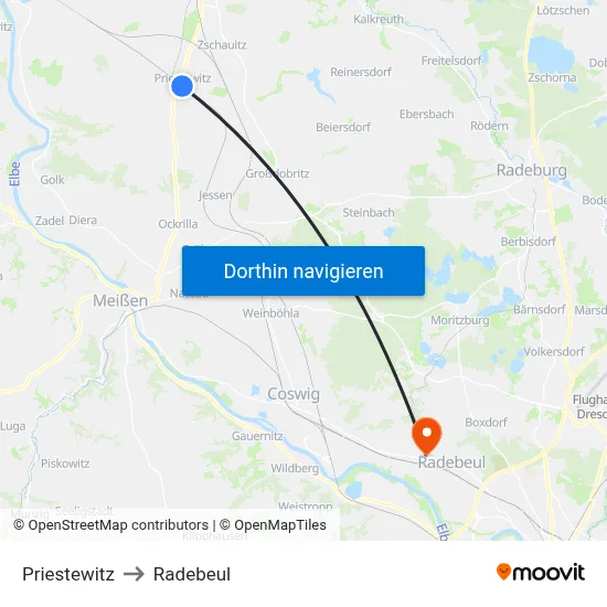 Priestewitz to Radebeul map