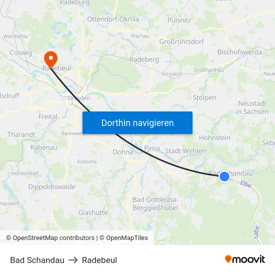 Bad Schandau to Radebeul map