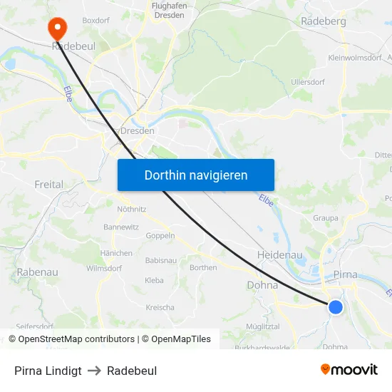 Pirna Lindigt to Radebeul map