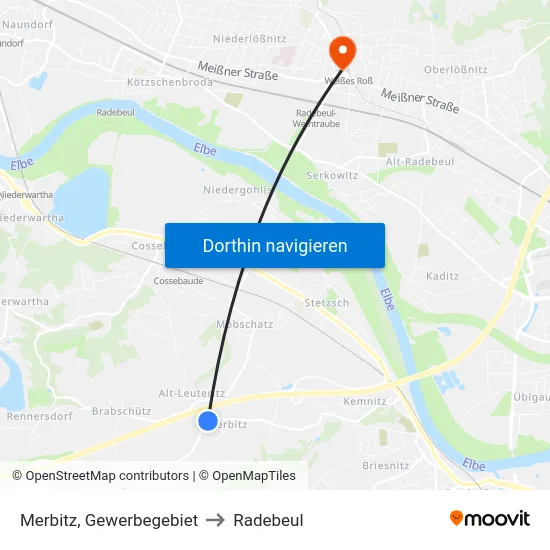 Merbitz, Gewerbegebiet to Radebeul map
