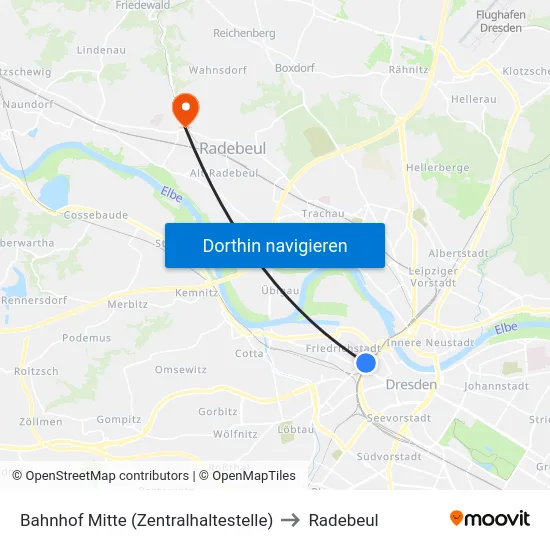 Bahnhof Mitte (Zentralhaltestelle) to Radebeul map