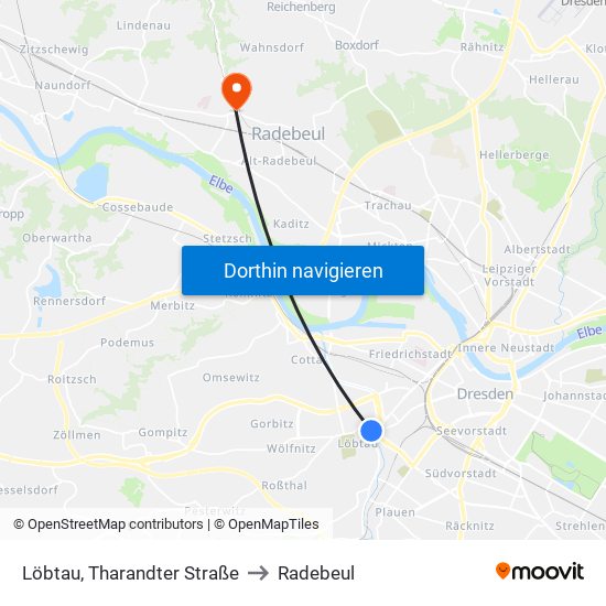 Löbtau, Tharandter Straße to Radebeul map