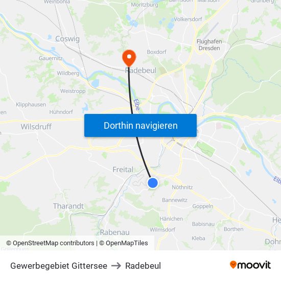 Gewerbegebiet Gittersee to Radebeul map
