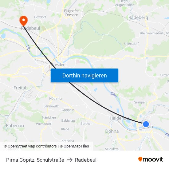 Pirna Copitz, Schulstraße to Radebeul map