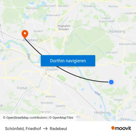 Schönfeld, Friedhof to Radebeul map