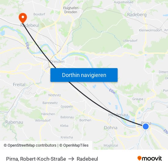 Pirna, Robert-Koch-Straße to Radebeul map