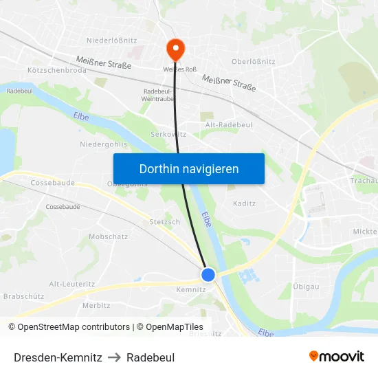 Dresden-Kemnitz to Radebeul map