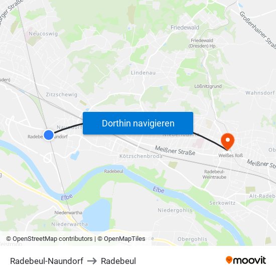 Radebeul-Naundorf to Radebeul map