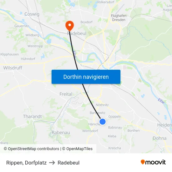 Rippen, Dorfplatz to Radebeul map
