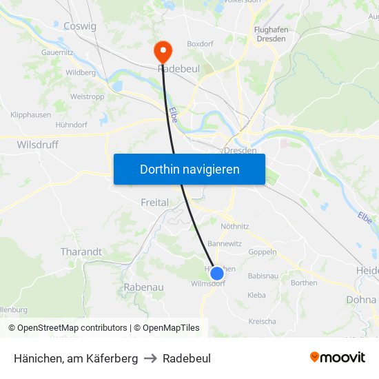 Hänichen, am Käferberg to Radebeul map