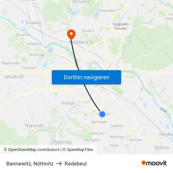Bannewitz, Nöthnitz to Radebeul map