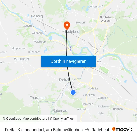 Freital Kleinnaundorf, am Birkenwäldchen to Radebeul map