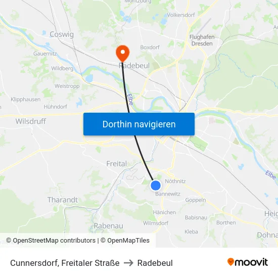 Cunnersdorf, Freitaler Straße to Radebeul map
