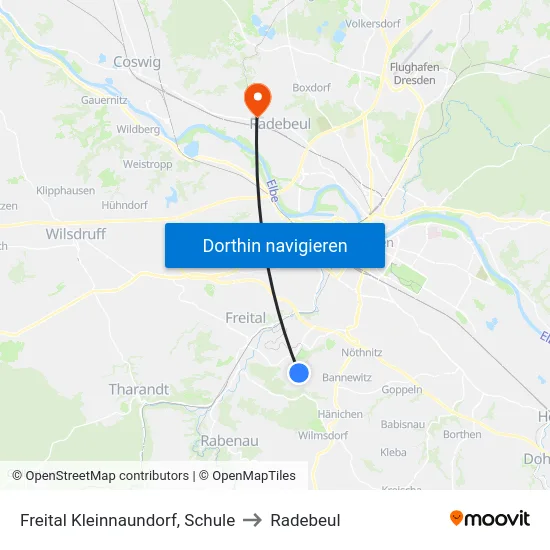 Freital Kleinnaundorf, Schule to Radebeul map