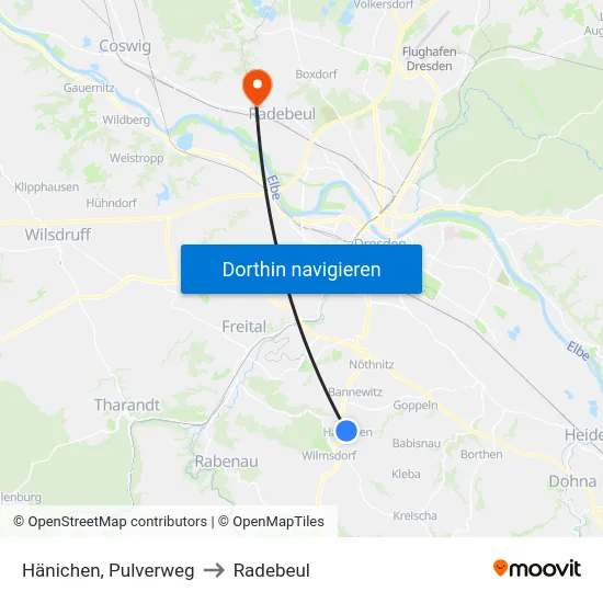 Hänichen, Pulverweg to Radebeul map