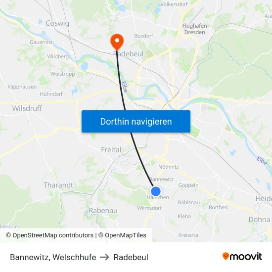 Bannewitz, Welschhufe to Radebeul map