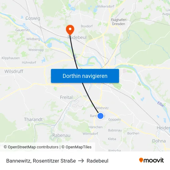 Bannewitz, Rosentitzer Straße to Radebeul map