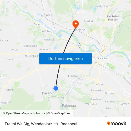 Freital Weißig, Wendeplatz to Radebeul map
