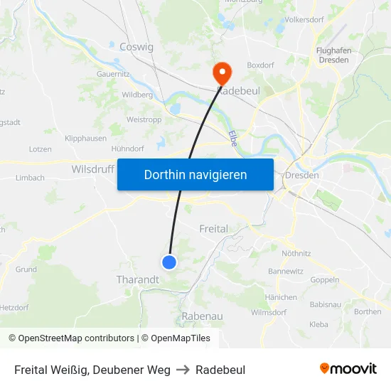Freital Weißig, Deubener Weg to Radebeul map