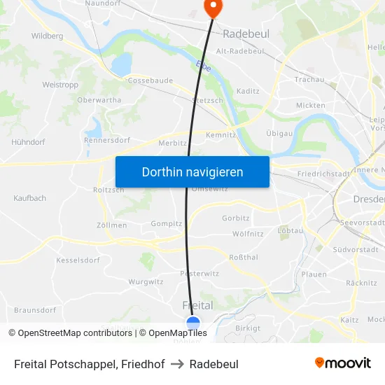 Freital Potschappel, Friedhof to Radebeul map
