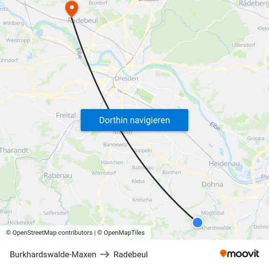 Burkhardswalde-Maxen to Radebeul map
